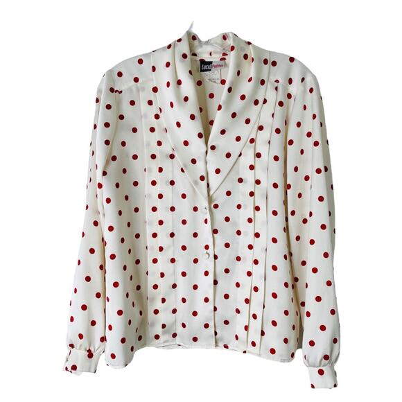 Vintage cream red polka dot satin pleated rockabilly pinup button top 10P - Picture 1 of 8